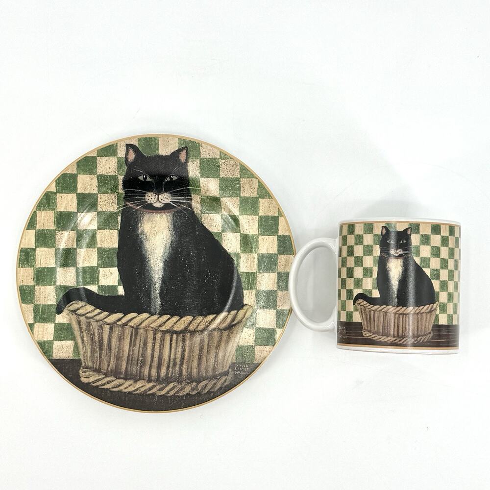 Country Kitties DC Brown Co. Set/2 Coffee Mug Dessert Plate Black Cat Vintage 04